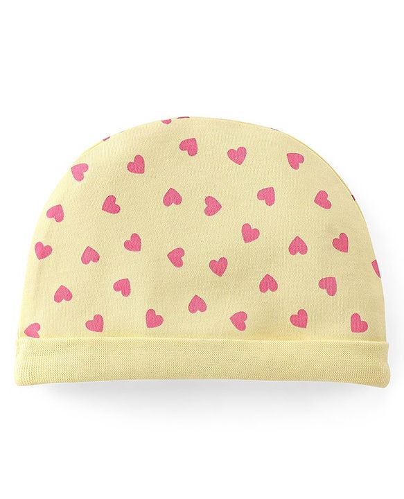 Babyhug 100% Cotton Cap Mittens And Booties Heart Printed - Yellow