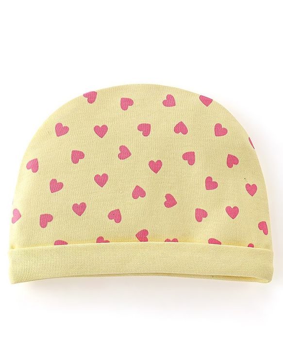 Babyhug 100% Cotton Cap Mittens And Booties Heart Printed - Yellow