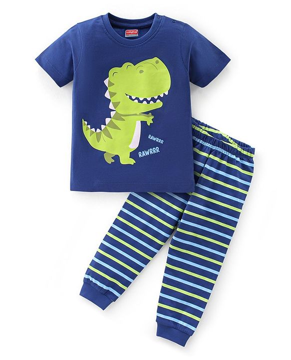 Babyhug Single Jersey Cotton Knit Half Sleeves Dino Print Night Suit - Navy Blue