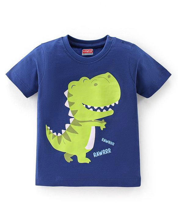 Babyhug Single Jersey Cotton Knit Half Sleeves Dino Print Night Suit - Navy Blue