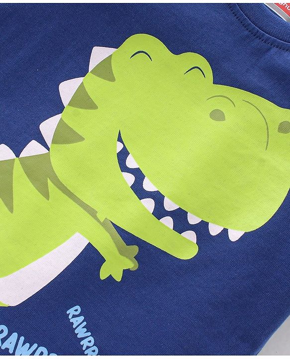 Babyhug Single Jersey Cotton Knit Half Sleeves Dino Print Night Suit - Navy Blue
