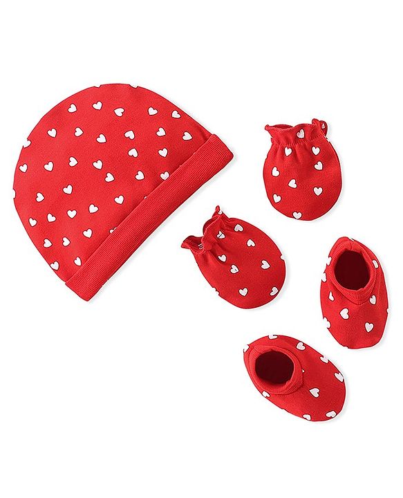 Babyhug 100% Cotton Knit Cap Mittens & Booties Set Heart Print- Red