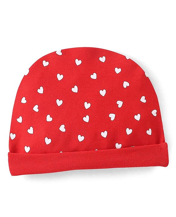 Babyhug 100% Cotton Knit Cap Mittens & Booties Set Heart Print- Red