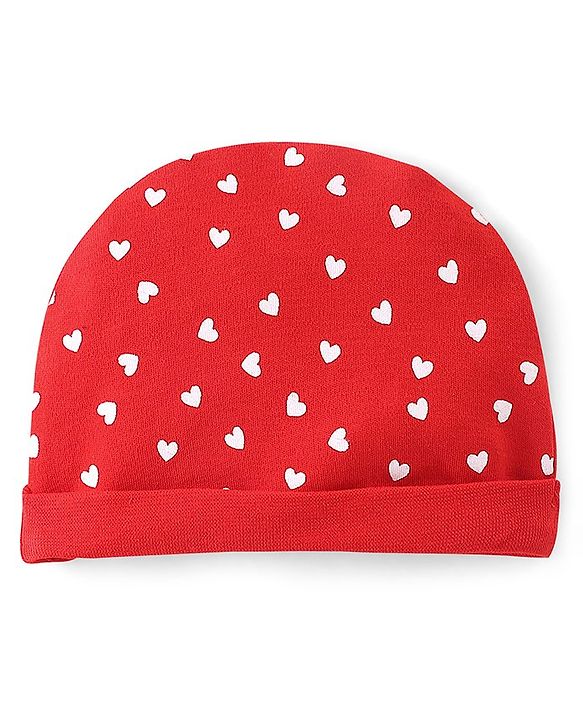 Babyhug 100% Cotton Knit Cap Mittens & Booties Set Heart Print- Red