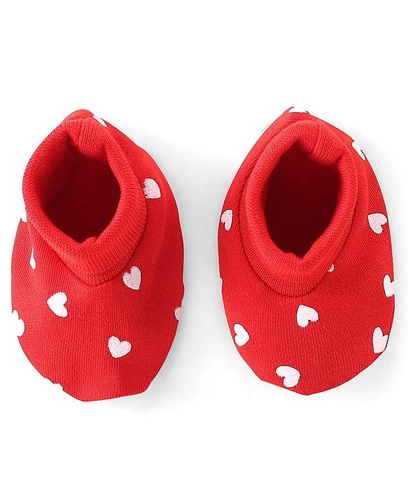 Babyhug 100% Cotton Knit Cap Mittens & Booties Set Heart Print- Red