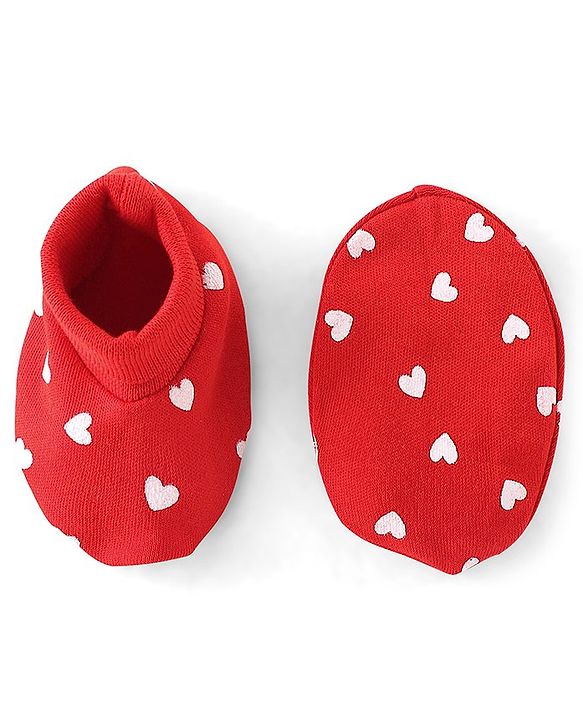 Babyhug 100% Cotton Knit Cap Mittens & Booties Set Heart Print- Red