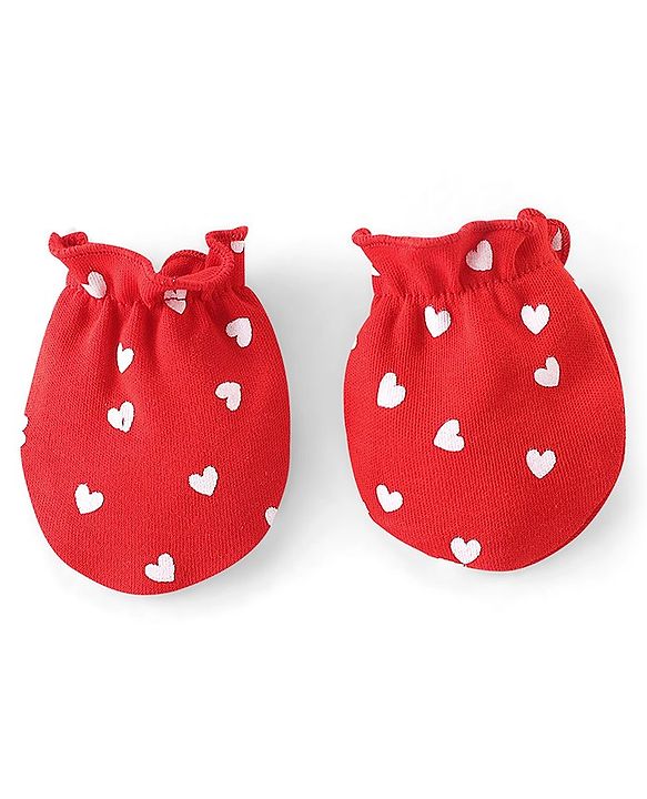 Babyhug 100% Cotton Knit Cap Mittens & Booties Set Heart Print- Red