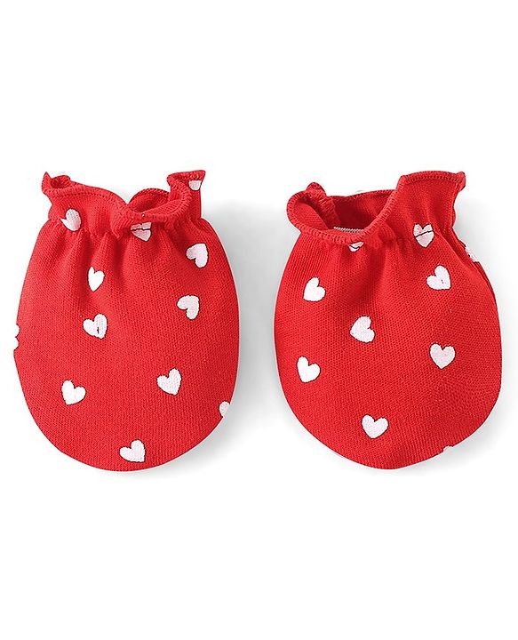 Babyhug 100% Cotton Knit Cap Mittens & Booties Set Heart Print- Red