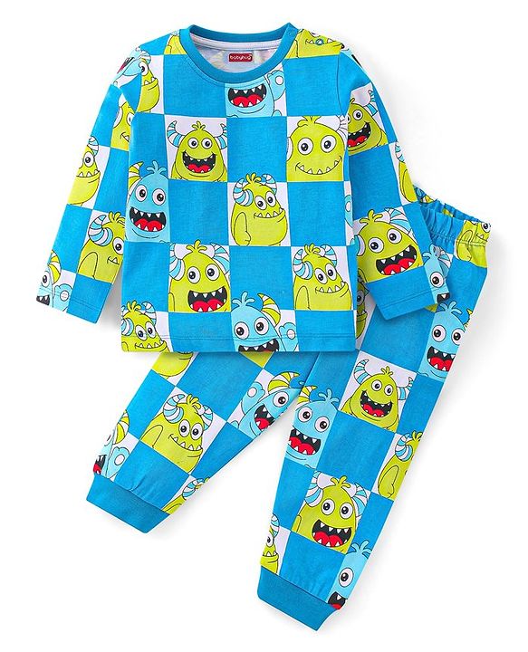 Babyhug Single Jersey Cotton Knit Full Sleeves Night Suit With Monster Print - Blue
