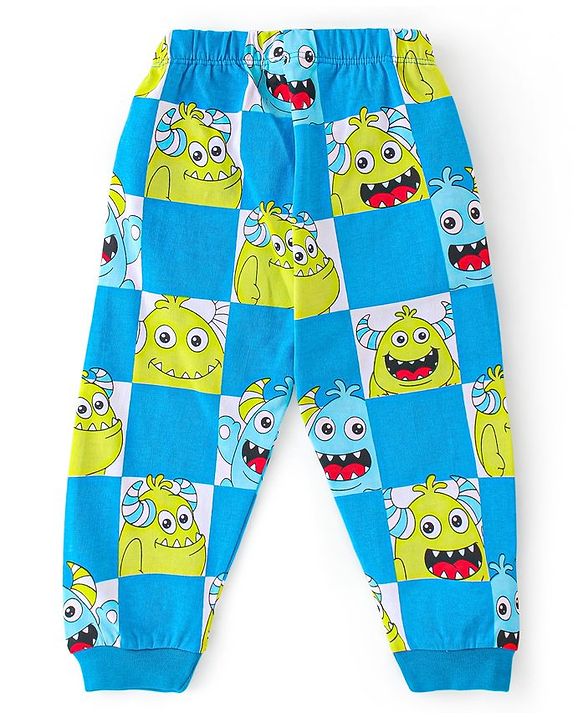 Babyhug Single Jersey Cotton Knit Full Sleeves Night Suit With Monster Print - Blue