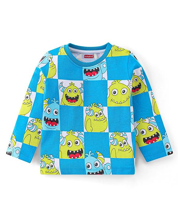 Babyhug Single Jersey Cotton Knit Full Sleeves Night Suit With Monster Print - Blue