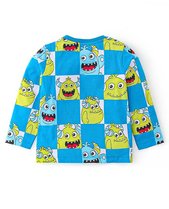 Babyhug Single Jersey Cotton Knit Full Sleeves Night Suit With Monster Print - Blue