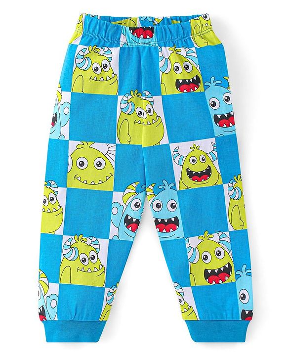 Babyhug Single Jersey Cotton Knit Full Sleeves Night Suit With Monster Print - Blue