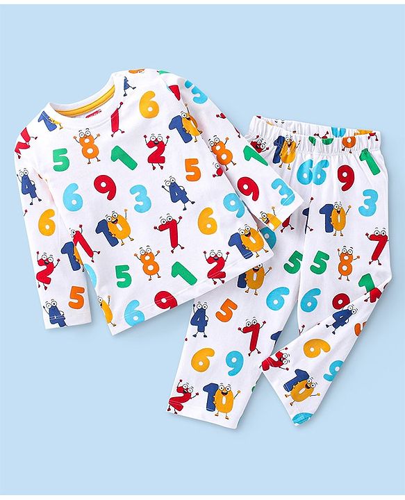 Babyhug Cotton Knit Full Sleeves Night Suit With Numbers Print - White