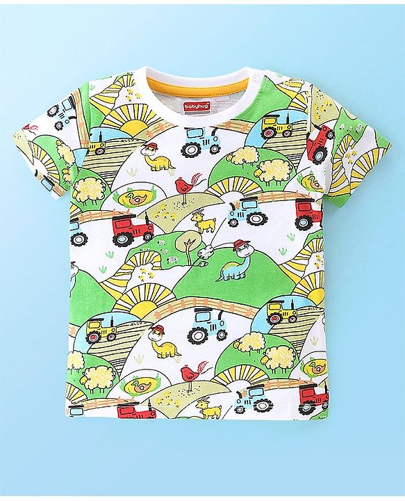 Babyhug 100% Cotton Knit Half Sleeves T-Shirt Animal & Vehicle Print - Multicolor