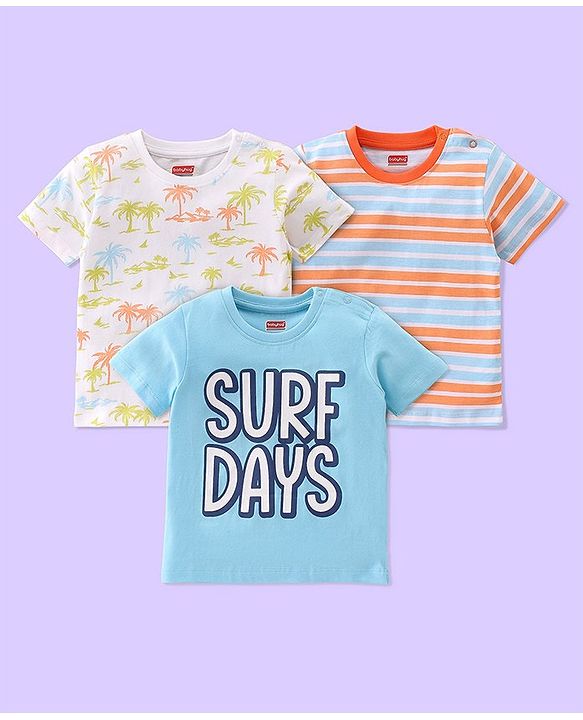 Babyhug Cotton Knit Half Sleeves T-Shirts Text Graphic Print & Striped Pack of 3 - Blue & White