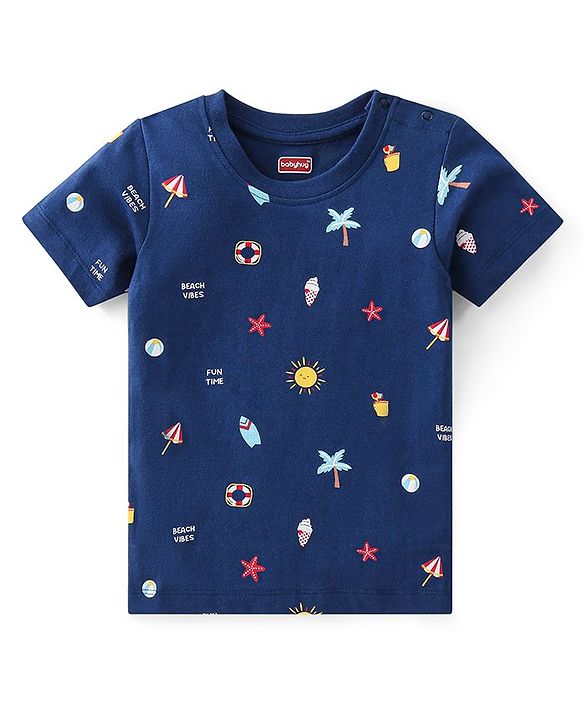 Babyhug 100% Cotton Knit Half Sleeves T-Shirts With Stripe & Beach Theme Graphics Pack of 3 - Multicolor