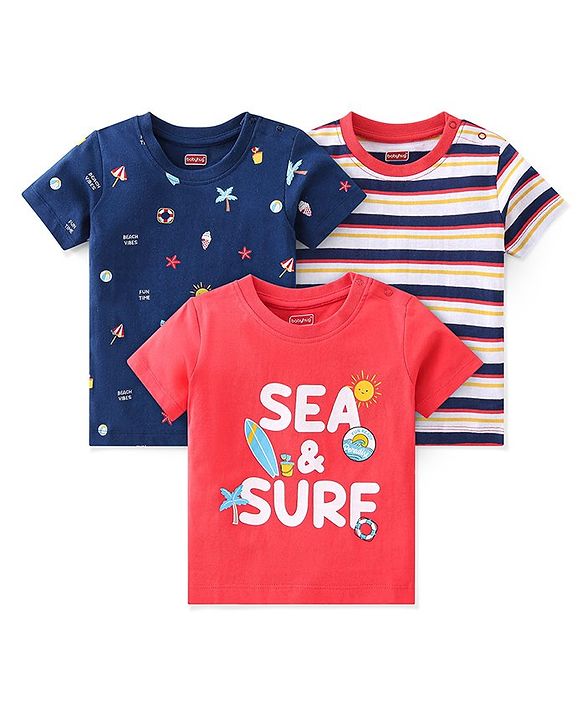 Babyhug 100% Cotton Knit Half Sleeves T-Shirts With Stripe & Beach Theme Graphics Pack of 3 - Multicolor