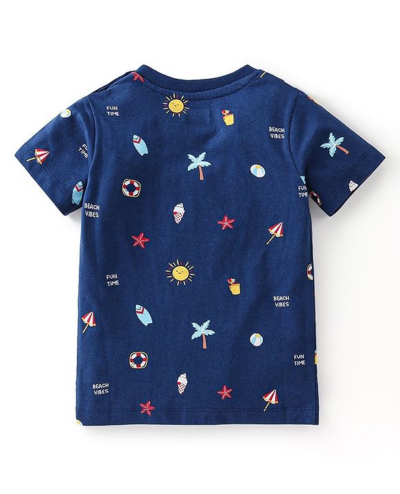 Babyhug 100% Cotton Knit Half Sleeves T-Shirts With Stripe & Beach Theme Graphics Pack of 3 - Multicolor