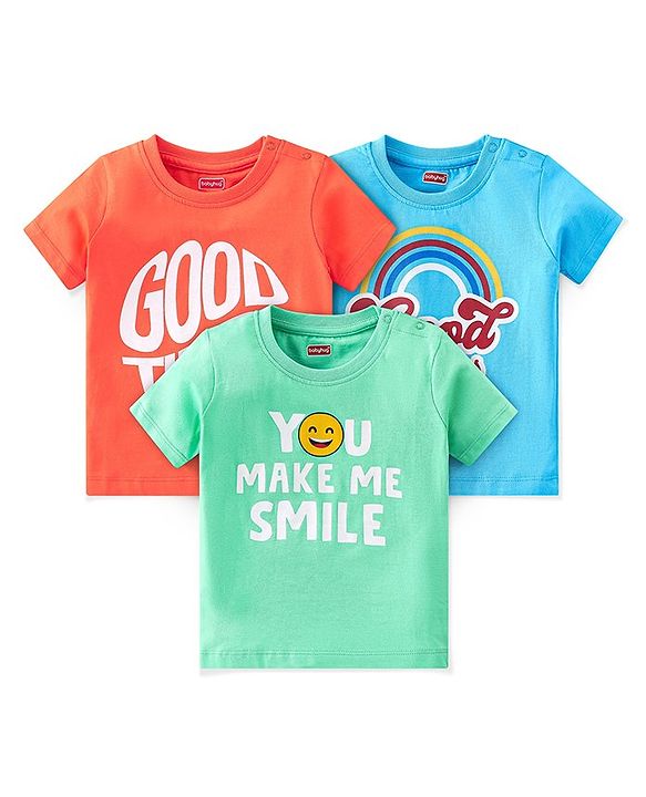 Babyhug Cotton Knit Half Sleeves T-Shirts Text Graphic Print Pack of 3 - Blue & Red