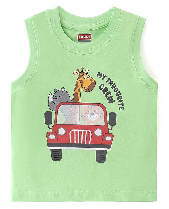 Babyhug 100% Cotton Knit Sleeveless T-Shirts with Text & Animal Graphics Pack of 3 - Multicolor