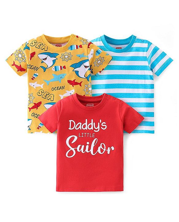 Babyhug Cotton Knit Half Sleeves T-Shirts Shark Graphic Print Pack of 3 - Red & Blue