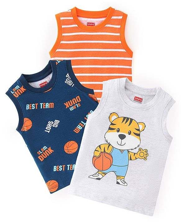 Babyhug 100% Cotton Knit Sleeveless T-Shirts with Stripe & Tiger Graphics Pack of 3 - Multicolor