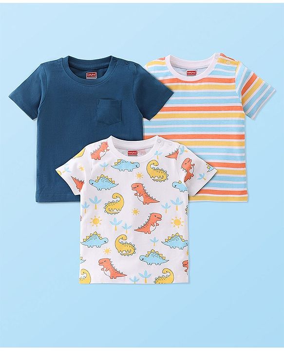 Babyhug Cotton Knit Half Sleeves T-Shirts Dino Printed & Striped Pack of 3 - Blue & White