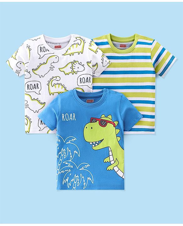 Babyhug Cotton Knit Half Sleeves T-Shirt Striped &  Dino  Print- Blue Green & White