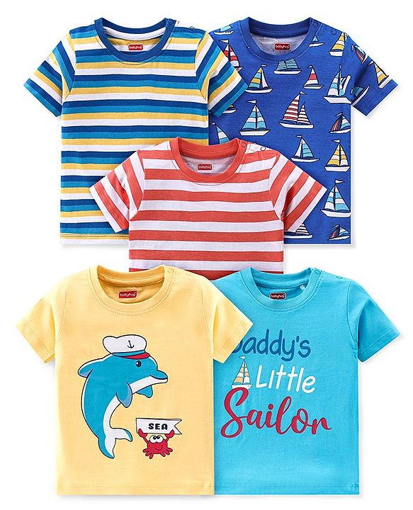 Babyhug 100% Cotton Knit Half Sleeves T-Shirts With Stripe Boat & Dolphin Graphics Pack of 5 - Multicolor