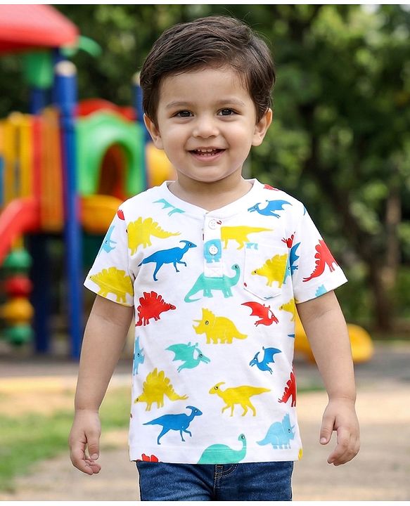 Babyhug Cotton Knit Half Sleeves  T-Shirt Dino Print- White