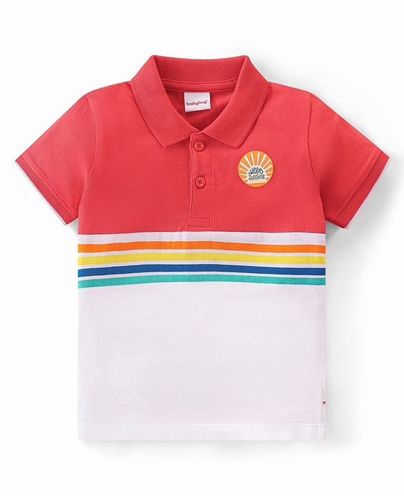 Babyhug 100% Cotton Knit Half Sleeves Polo T-Shirt with Stripe Design & Text Graphics - Red & White