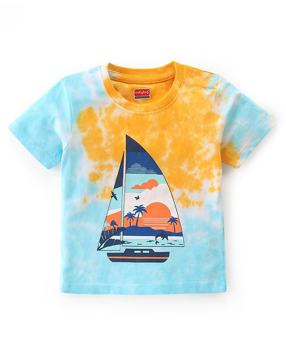 Babyhug 100% Cotton Knit Half Sleeves T-Shirt With Boat Print -Yellow  Blue & White