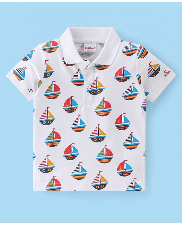 Babyhug Cotton Knit  Half Sleeves Ships Printed Polo T-Shirt - White