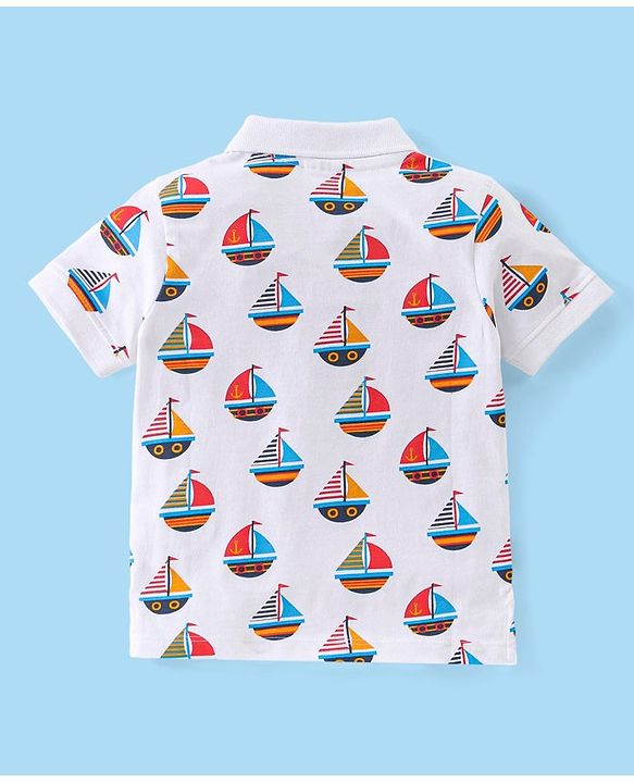 Babyhug Cotton Knit  Half Sleeves Ships Printed Polo T-Shirt - White