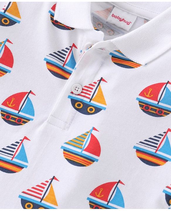 Babyhug Cotton Knit  Half Sleeves Ships Printed Polo T-Shirt - White