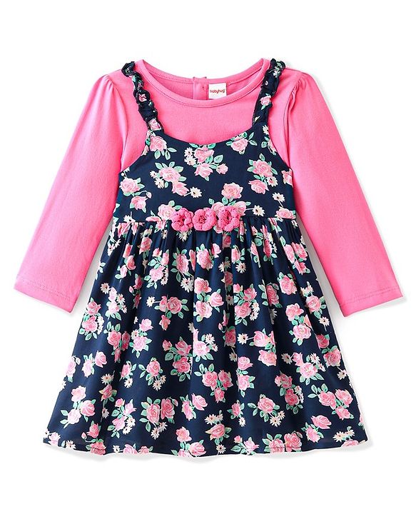 Babyhug Viscose Frock with Knit Full Sleeves Inner Tee with Floral Print & Applique - Pink & Navy Blue