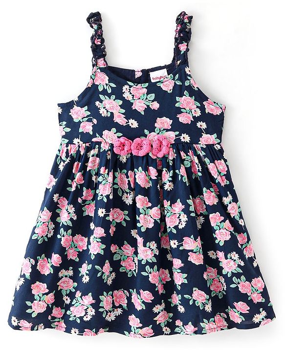 Babyhug Viscose Frock with Knit Full Sleeves Inner Tee with Floral Print & Applique - Pink & Navy Blue