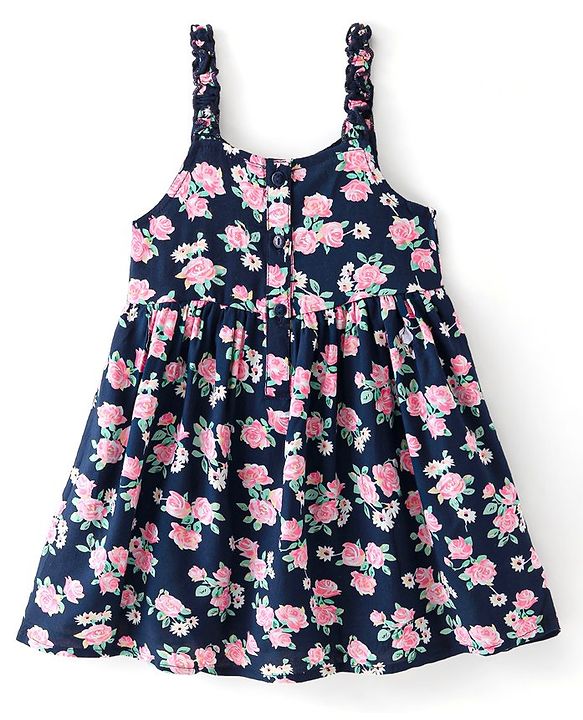 Babyhug Viscose Frock with Knit Full Sleeves Inner Tee with Floral Print & Applique - Pink & Navy Blue