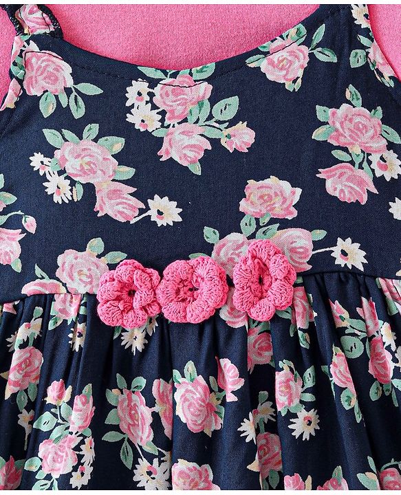 Babyhug Viscose Frock with Knit Full Sleeves Inner Tee with Floral Print & Applique - Pink & Navy Blue