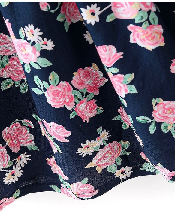 Babyhug Viscose Frock with Knit Full Sleeves Inner Tee with Floral Print & Applique - Pink & Navy Blue