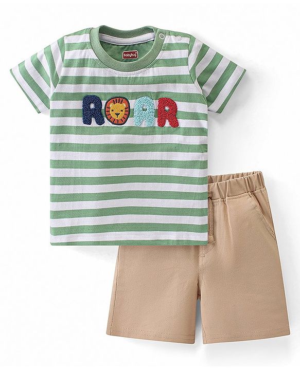 Babyhug 100% Cotton Knit Single Jersey Half Sleeves T-Shirt & Shorts With Text & Lion Embroidery - Green & Beige