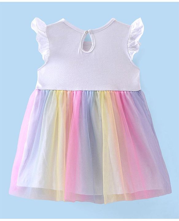 Babyhug Cotton Jersey Frill Sleeves Bird Print Frock with Mesh Detailing - Multicolour