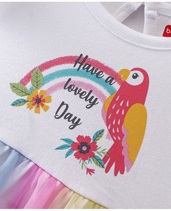 Babyhug Cotton Jersey Frill Sleeves Bird Print Frock with Mesh Detailing - Multicolour