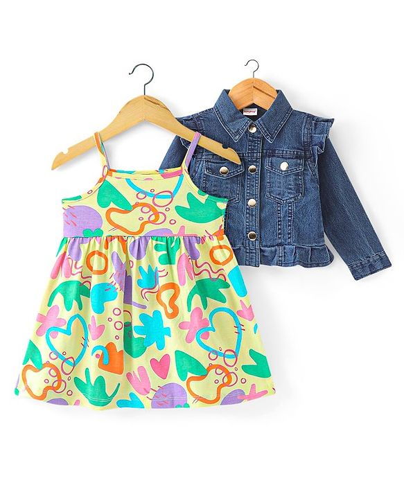 Babyhug Woven Sleeveless Frock with Denim Jacket Heart Print - Multicolour