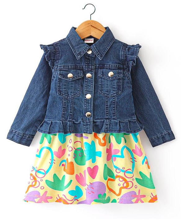 Babyhug Woven Sleeveless Frock with Denim Jacket Heart Print - Multicolour