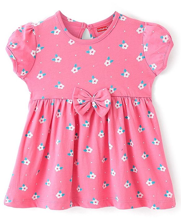 Babyhug 100% Cotton Jersey Knit Half Sleeves Frock With Floral Print Pack Of 2 - Multicolor