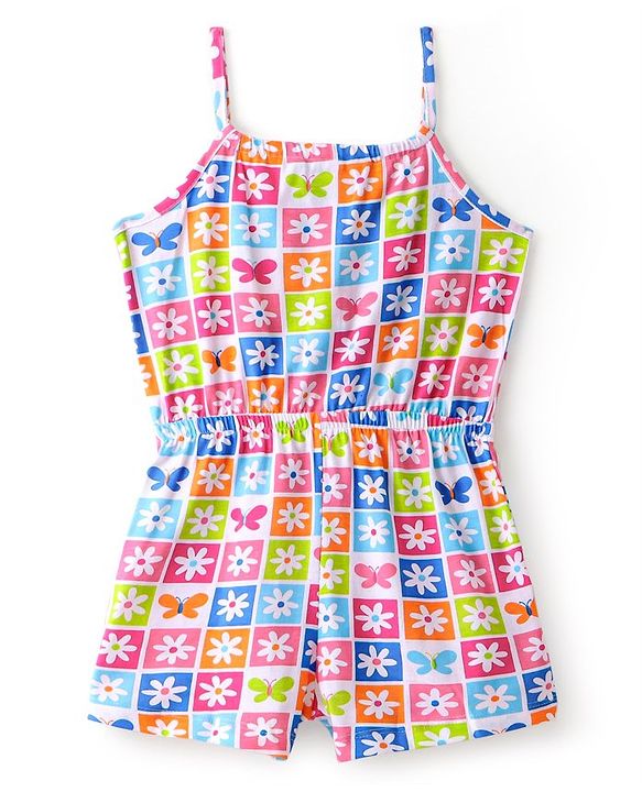 Babyhug Cotton Knit Sleeveless Floral Printed Jumpsuit - Multicolour