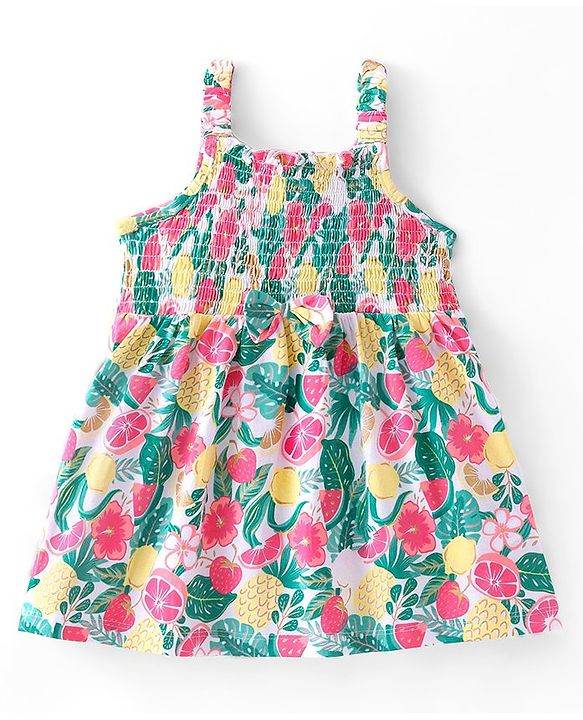 Babyhug Cotton Jersey Singet Sleeves Frock Tropical Theme Print - Multicolor