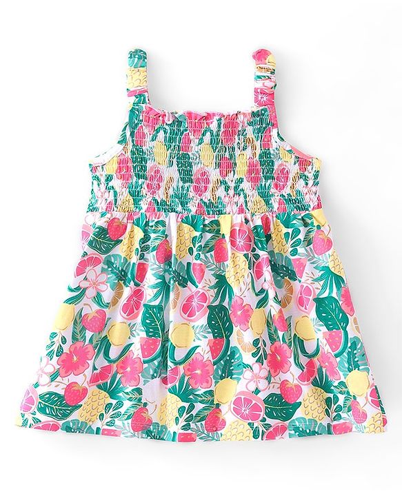 Babyhug Cotton Jersey Singet Sleeves Frock Tropical Theme Print - Multicolor